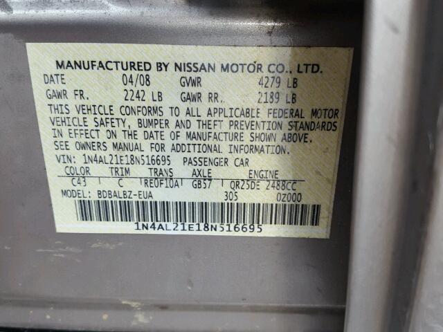 1N4AL21E18N516695 - 2008 NISSAN ALTIMA 2.5 GRAY photo 10