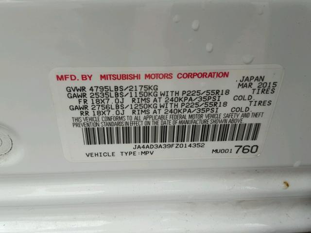 JA4AD3A39FZ014352 - 2015 MITSUBISHI OUTLANDER WHITE photo 10