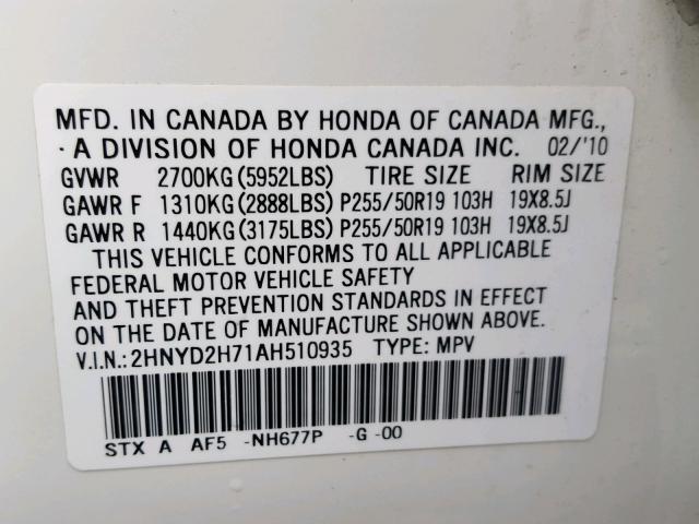 2HNYD2H71AH510935 - 2010 ACURA MDX ADVANC WHITE photo 10