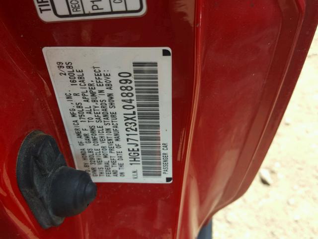 1HGEJ7123XL048890 - 1999 HONDA CIVIC HX RED photo 10