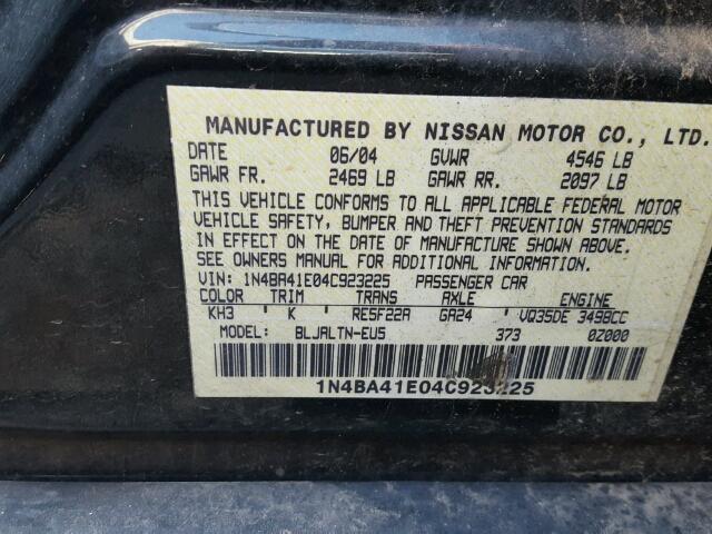 1N4BA41E04C923225 - 2004 NISSAN MAXIMA SE BLACK photo 10