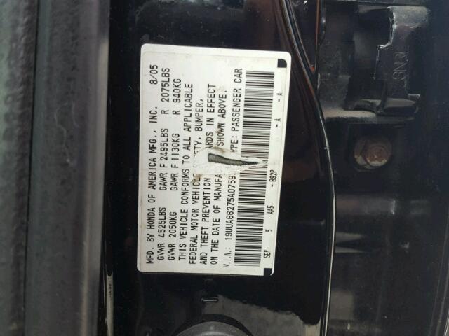 19UUA66275A075937 - 2005 ACURA TL BLACK photo 10