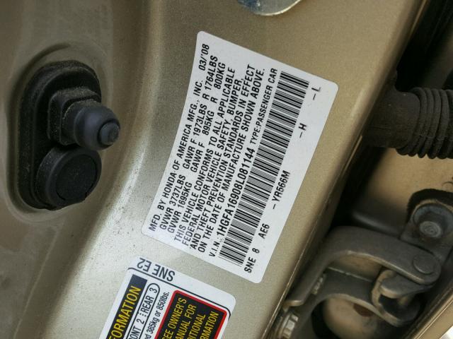 1HGFA16908L081144 - 2008 HONDA CIVIC EXL BEIGE photo 10