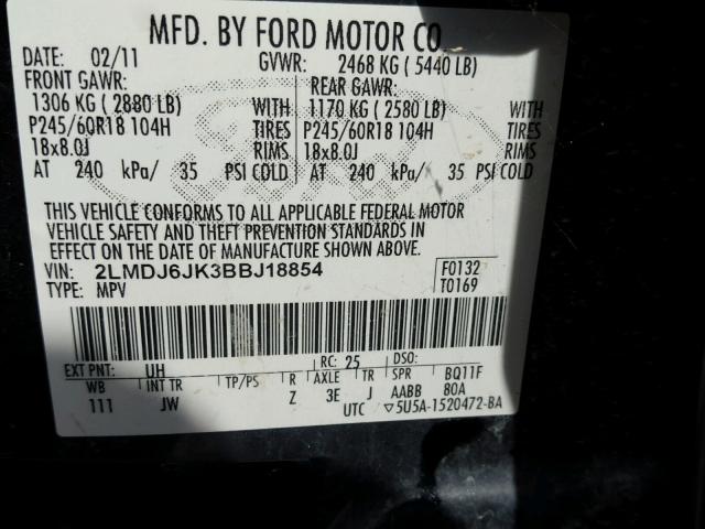 2LMDJ6JK3BBJ18854 - 2011 LINCOLN MKX BLACK photo 10