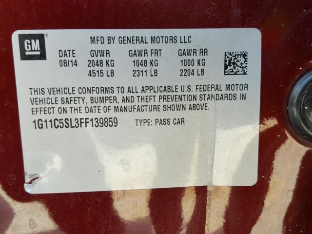 1G11C5SL3FF139859 - 2015 CHEVROLET MALIBU 1LT მუქწითელი ფოტო 10