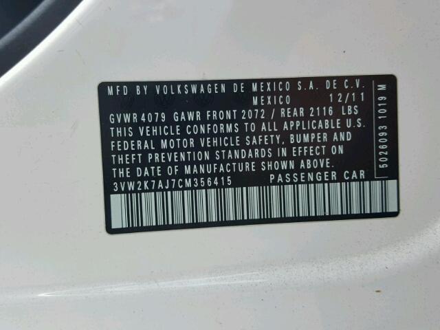 3VW2K7AJ7CM356415 - 2012 VOLKSWAGEN JETTA BASE WHITE photo 10
