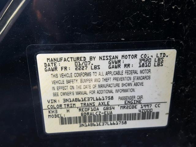 3N1AB61E37L661758 - 2007 NISSAN SENTRA 2.0 BLACK photo 10