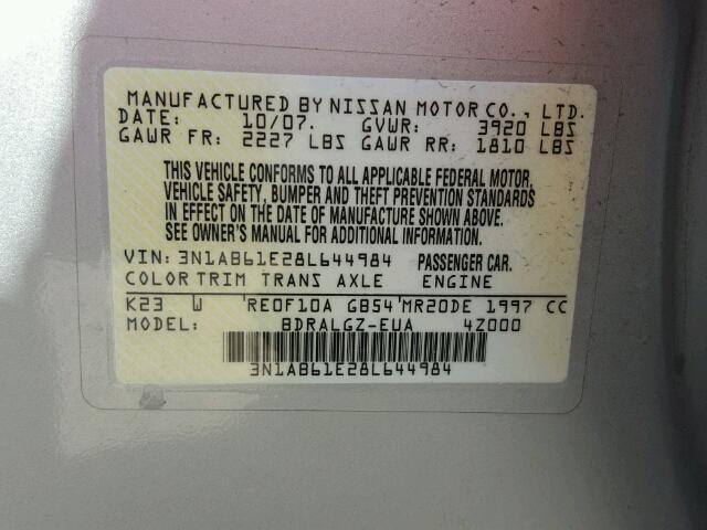 3N1AB61E28L644984 - 2008 NISSAN SENTRA 2.0 SILVER photo 10