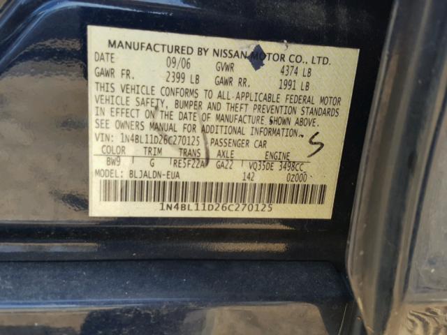 1N4BL11D26C270125 - 2006 NISSAN ALTIMA SE BLUE photo 10