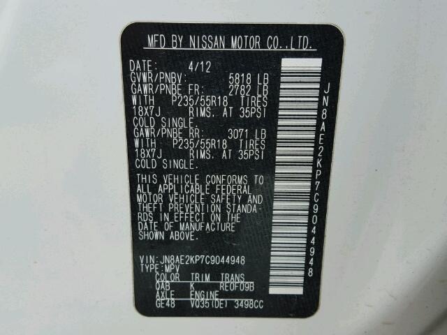 JN8AE2KP7C9044948 - 2012 NISSAN QUEST S WHITE photo 10