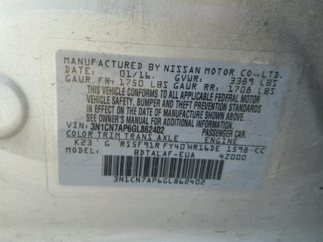 3N1CN7AP6GL862402 - 2016 NISSAN VERSA S SILVER photo 10