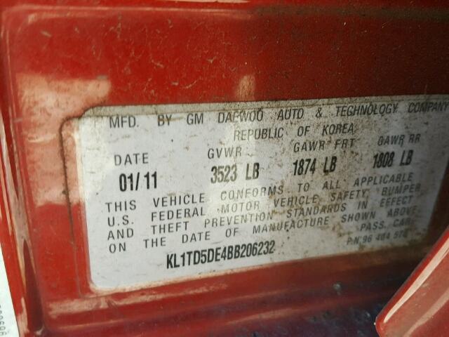 KL1TD5DE4BB206232 - 2011 CHEVROLET AVEO LS RED photo 10