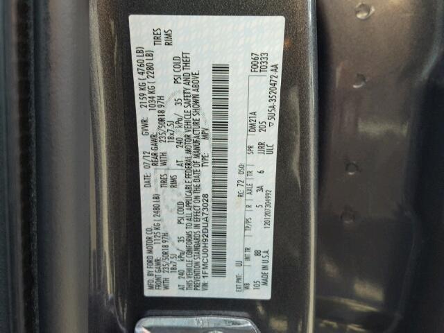 1FMCU0H92DUA73028 - 2013 FORD ESCAPE SEL GRAY photo 10