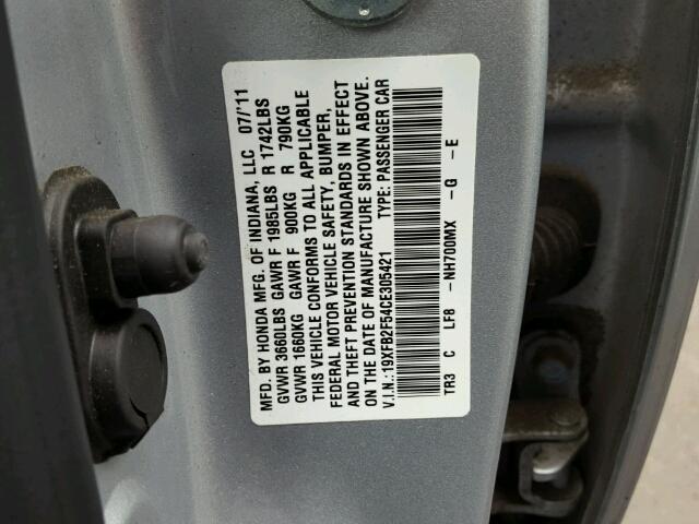 19XFB2F54CE305421 - 2012 HONDA CIVIC LX SILVER photo 10