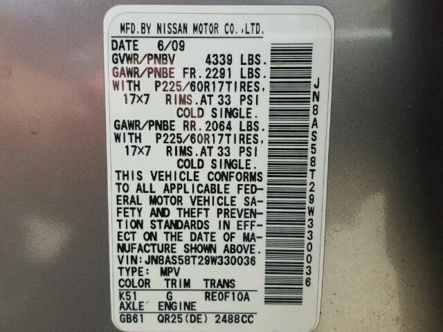 JN8AS58T29W330036 - 2009 NISSAN ROGUE SILVER photo 10