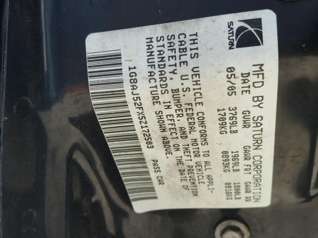 1G8AJ52FX5Z172503 - 2005 SATURN ION LEVEL BLUE photo 10