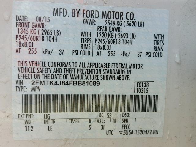 2FMTK4J84FBB81089 - 2015 FORD EDGE SEL WHITE photo 10