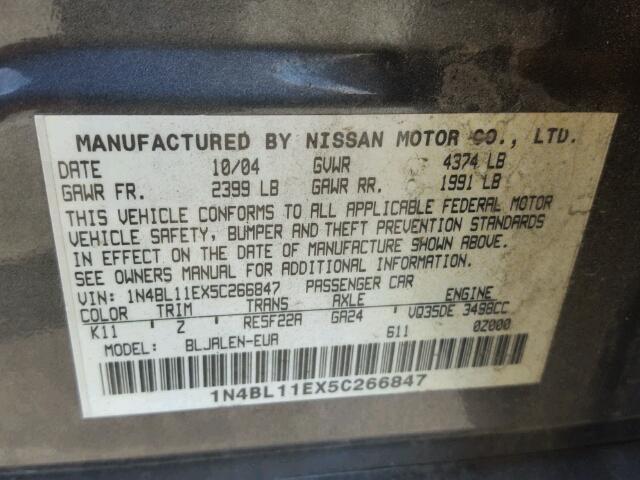 1N4BL11EX5C266847 - 2005 NISSAN ALTIMA SE SILVER photo 10