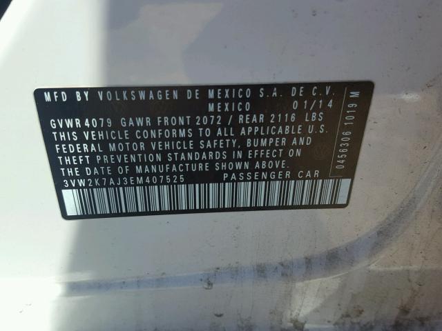 3VW2K7AJ3EM407525 - 2014 VOLKSWAGEN JETTA BASE 白色 照片 10