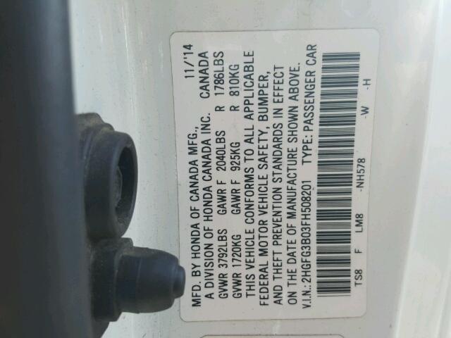 2HGFG3B03FH508201 - 2015 HONDA CIVIC EXL თეთრი ფოტო 10