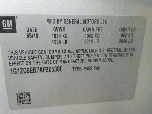 1G1ZC5EB7AF305380 - 2010 CHEVROLET MALIBU 1LT 银色 照片 10