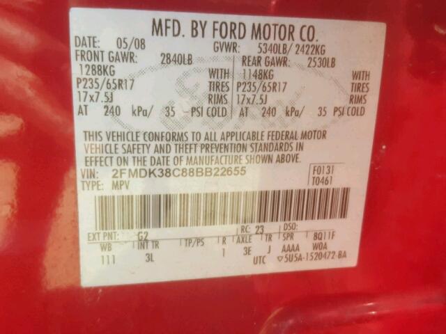 2FMDK38C88BB22655 - 2008 FORD EDGE SEL RED photo 10