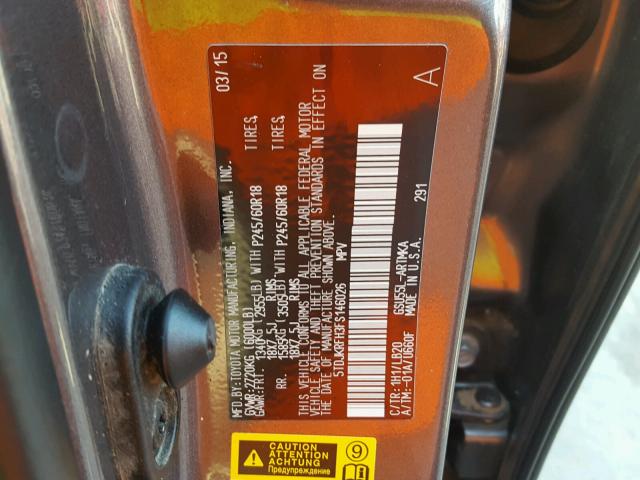 5TDJKRFH3FS146026 - 2015 TOYOTA HIGHLANDER 灰色 照片 10