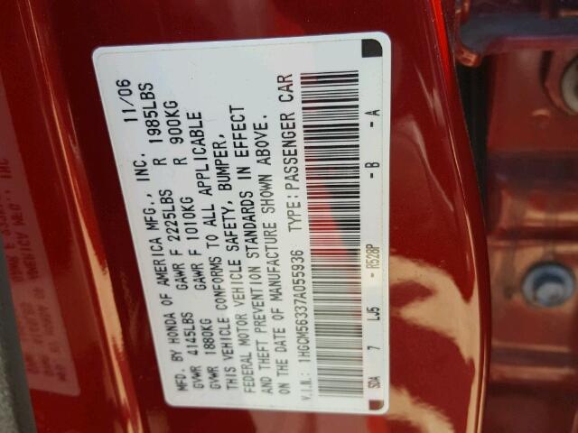 1HGCM56337A055936 - 2007 HONDA ACCORD SE RED photo 10