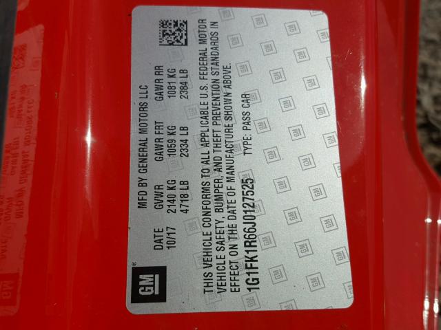 1G1FK1R66J0127525 - 2018 CHEVROLET CAMARO ZL1 红色 照片 10