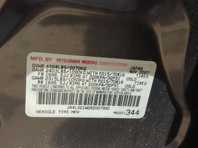 JA4LS21W28Z007992 - 2008 MITSUBISHI OUTLANDER GRAY photo 10