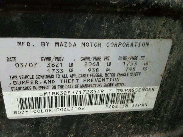 JM1BK32F371728549 - 2007 MAZDA 3 I BLACK photo 10