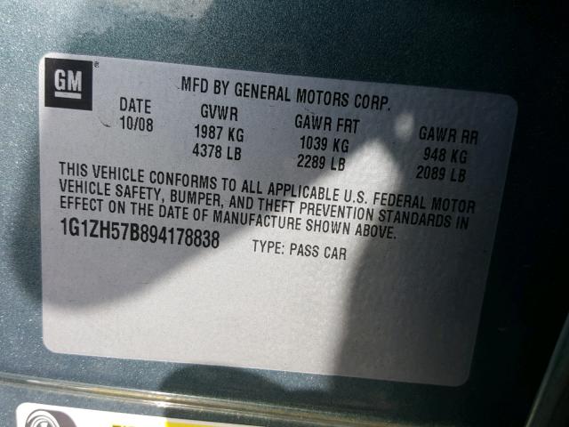 1G1ZH57B894178838 - 2009 CHEVROLET MALIBU 1LT 绿色 照片 10