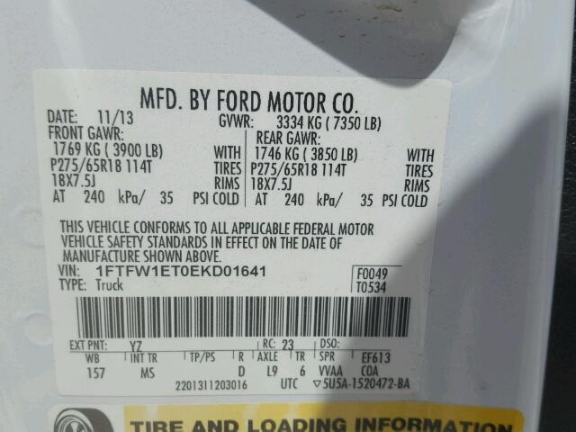 1FTFW1ET0EKD01641 - 2014 FORD F150 SUPER WHITE photo 10