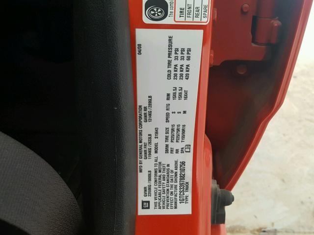 1GTCS339788210756 - 2008 GMC CANYON SLE ORANGE photo 10