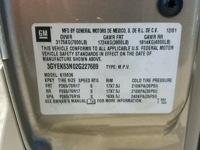 3GYEK63N02G227689 - 2002 CADILLAC ESCALADE E GOLD photo 10