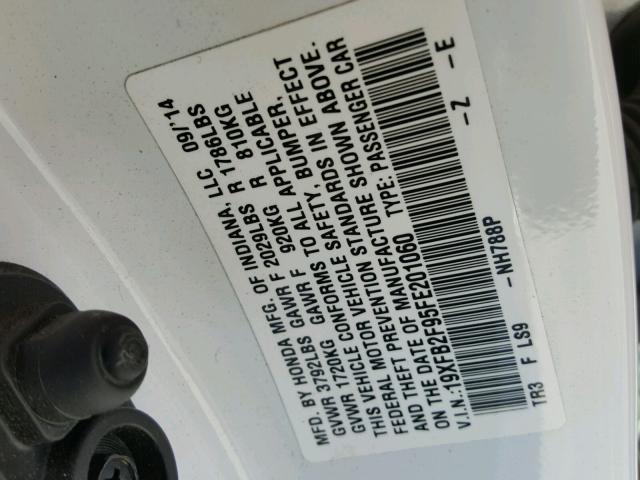 19XFB2F95FE201060 - 2015 HONDA CIVIC EXL WHITE photo 10