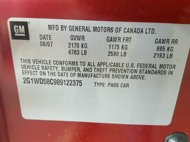 2G1WD58C989122375 - 2008 CHEVROLET IMPALA SUP 勃艮第红 照片 10