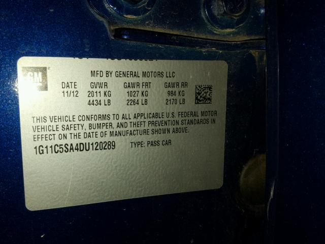 1G11C5SA4DU120289 - 2013 CHEVROLET MALIBU 1LT 蓝色 照片 10