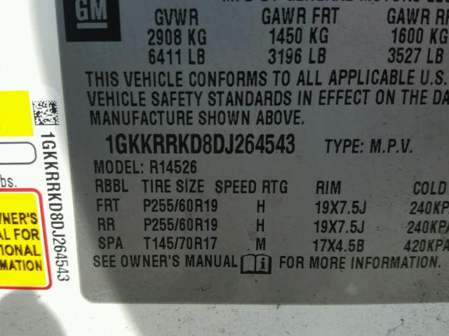 1GKKRRKD8DJ264543 - 2013 GMC ACADIA SLT თეთრი ფოტო 10