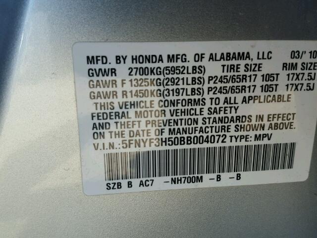 5FNYF3H50BB004072 - 2011 HONDA PILOT EXL GRAY photo 10