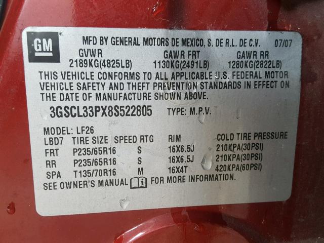3GSCL33PX8S522805 - 2008 SATURN VUE XE RED photo 10