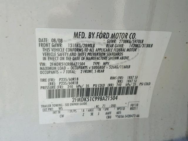 2FMDK51C99BA21504 - 2009 FORD FLEX SE WHITE photo 10