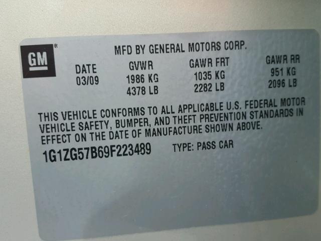 1G1ZG57B69F223489 - 2009 CHEVROLET MALIBU LS 奶油色 照片 10