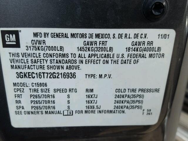 3GKEC16T72G216936 - 2002 GMC YUKON XL C GRAY photo 10