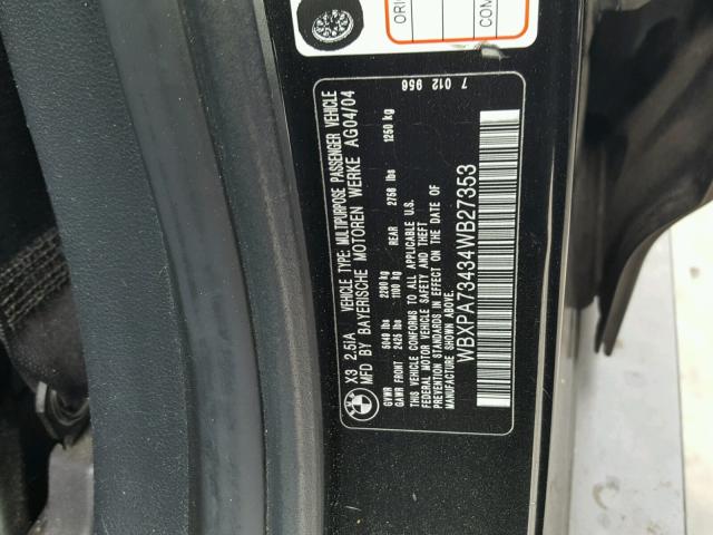 WBXPA73434WB27353 - 2004 BMW X3 2.5I BLACK photo 10