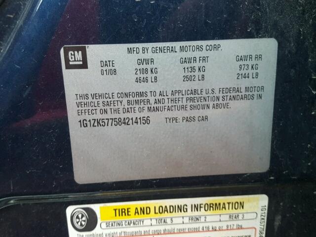 1G1ZK577584214156 - 2008 CHEVROLET MALIBU LTZ ლურჯი ფოტო 10