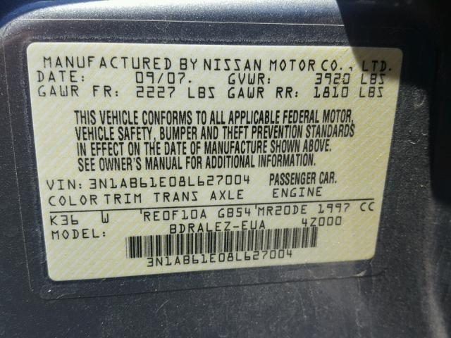 3N1AB61E08L627004 - 2008 NISSAN SENTRA 2.0 SILVER photo 10