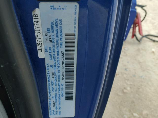 3VWCD21C3YM492227 - 2000 VOLKSWAGEN NEW BEETLE 蓝色 照片 10