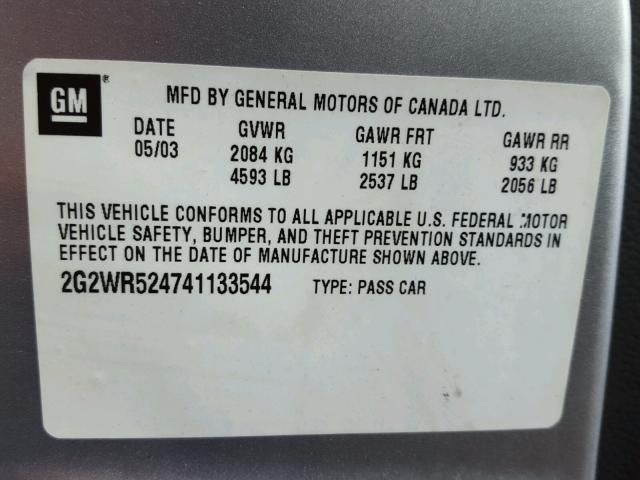 2G2WR524741133544 - 2004 PONTIAC GRAND PRIX Արծաթագույն լուսանկար 10