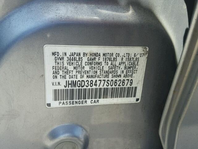 JHMGD38477S062679 - 2007 HONDA FIT GRAY photo 10